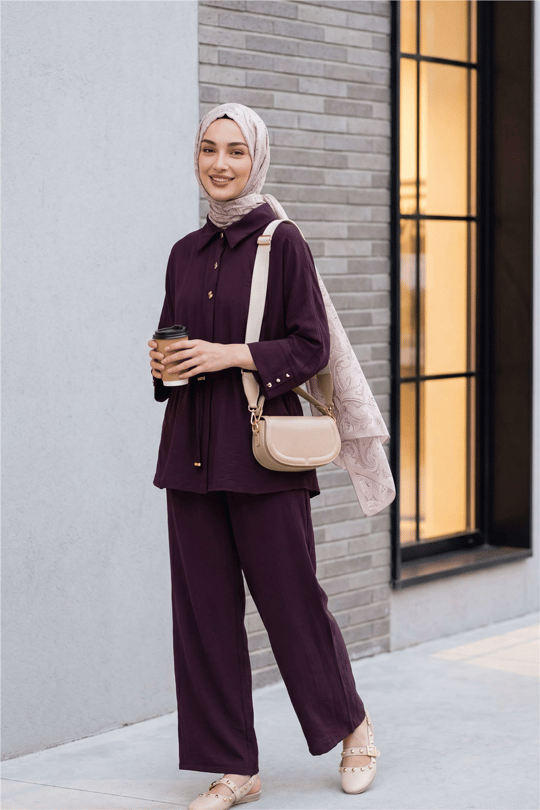 Womens Drawstring-Channel Drawstring Waist Elastic-Waist Pants Cotton Crinkle Set - Plum