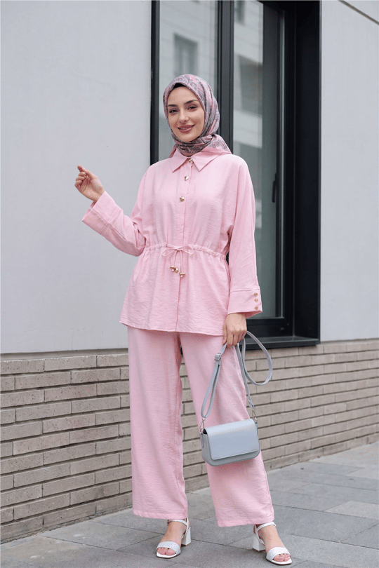 Tünel Bağcıklı Beli Lastikli Pantolonlu Pamuklu Krinkıl Takım   -Pembe