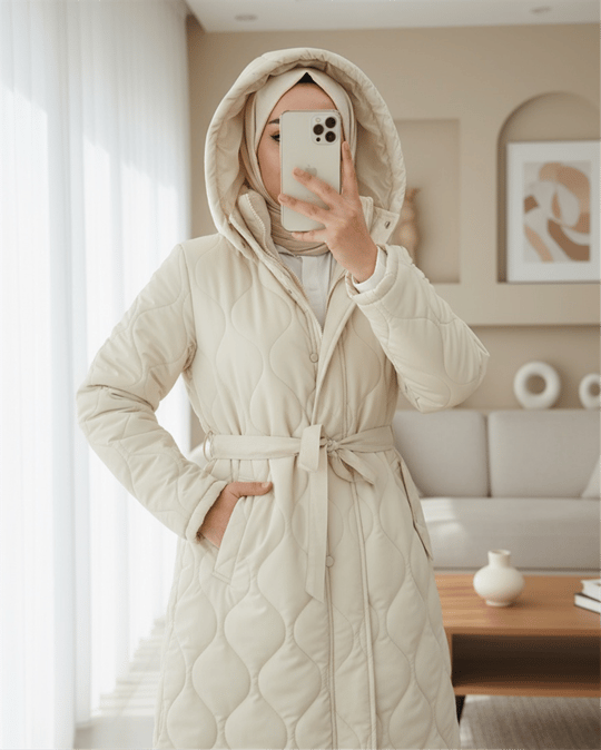 Tünel Bağcıklı Cepleri Çıtçıtlı Kapitone Mont -Krem