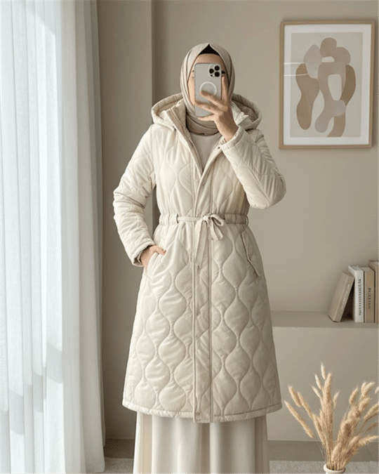 Tünel Bağcıklı Cepleri Çıtçıtlı Kapitone Mont -Krem