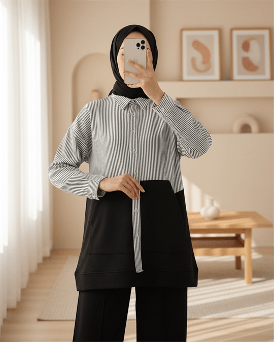 بدلة قميص مخططة -أسود