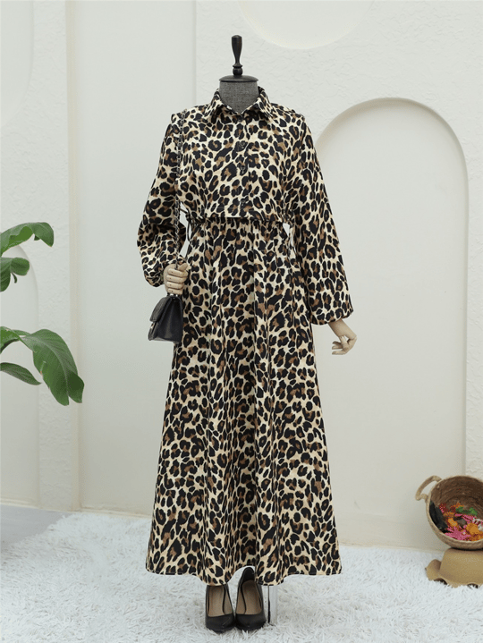 Üstü Gömlek Detaylı Leopar Desenli Elbise -Vizon