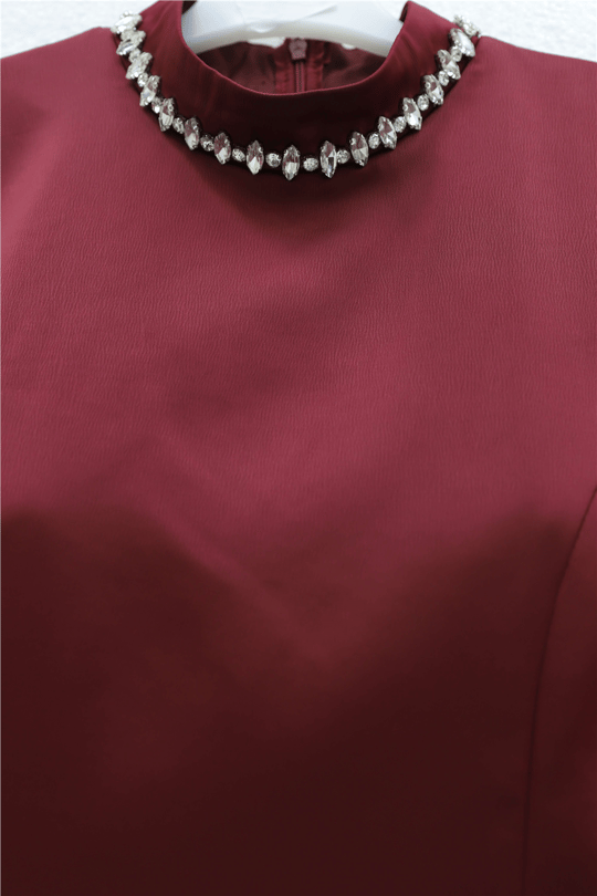 Womens Top Satin Bottom Iridescent Chiffon Stone Detail Flounced Evening Dress - Burgundy