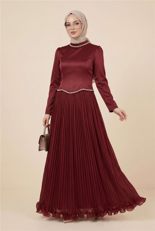 Womens Top Satin Bottom Iridescent Chiffon Stone Detail Flounced Evening Dress - Burgundy