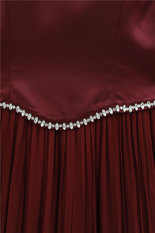 Womens Top Satin Bottom Iridescent Chiffon Stone Detail Flounced Evening Dress - Burgundy