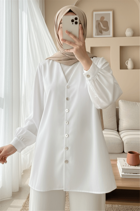 V Yaka Boydan Düğmeli Poplin Gömlek  -Beyaz
