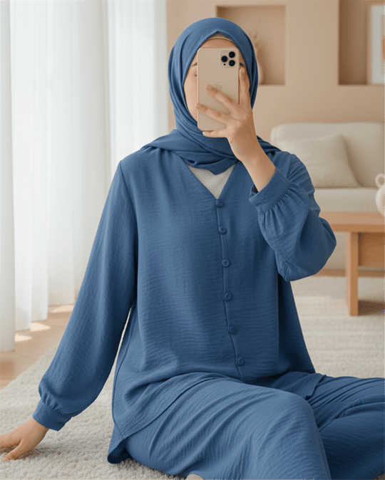 V Yaka Düğmeli Pantolonlu Ayrobin Takım -İndigo