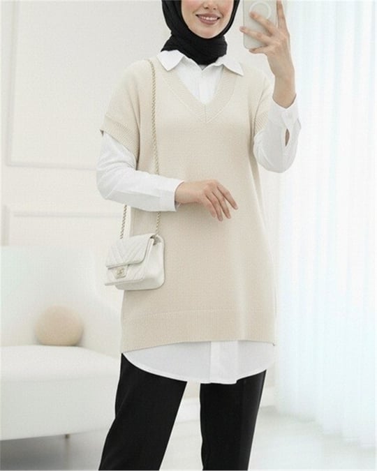 V Yaka Oversize Triko Süveter -Ekru