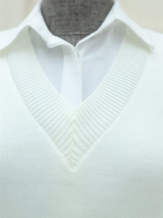 V Yaka Oversize Triko Süveter -Ekru