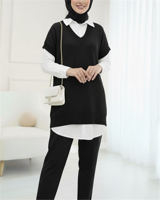 V Yaka Oversize Triko Süveter -Siyah