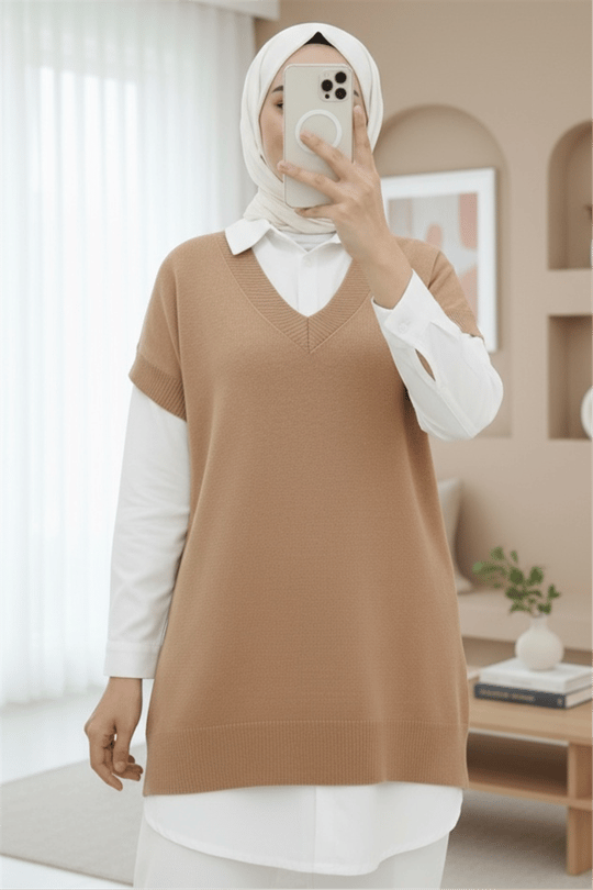 V Yaka Oversize Triko Süveter -Vizon