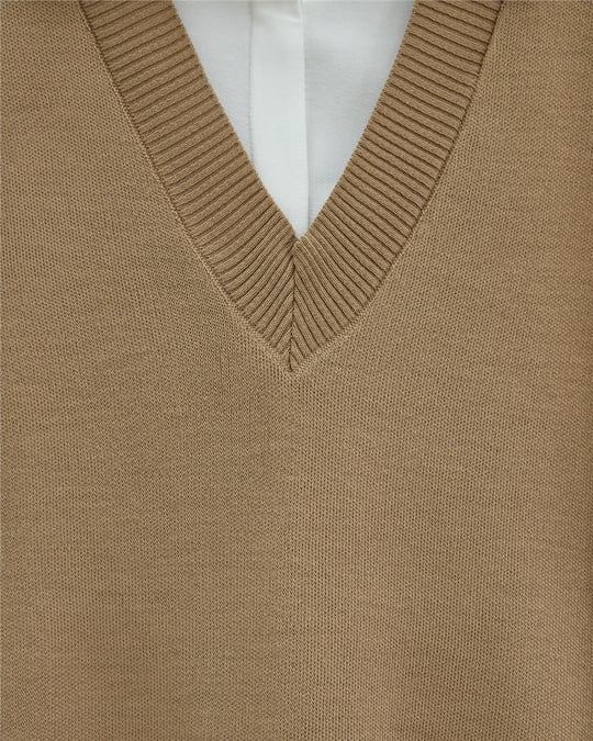 V Yaka Oversize Triko Süveter -Vizon