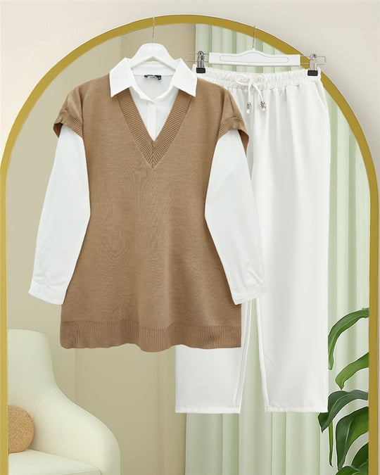 V Yaka Oversize Triko Süveter -Vizon