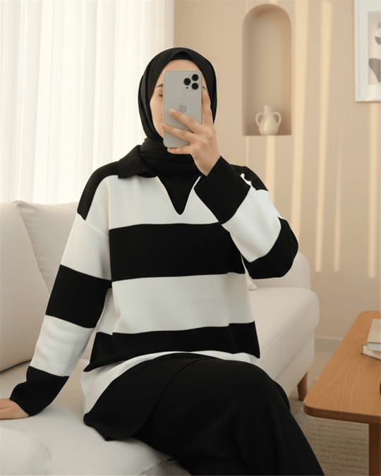 V Yaka Pantolonlu Triko Takım -Siyah