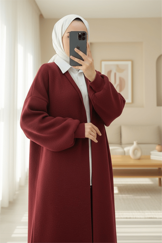 Yakalı Uzun Salaş Yumoş Hırka -Bordo