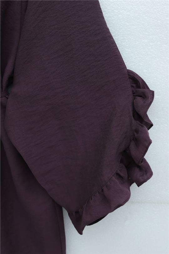 Yakası Bağcıklı Fermuarlı Kolu Fırfırlı Kemerli Modal Tunik -Mürdüm