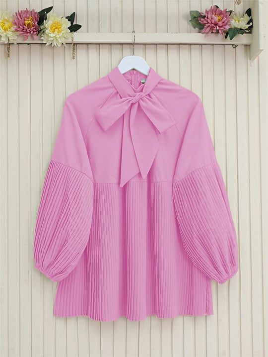 Yakası Bağcıklı Kolları ve Eteği Pliseli Tunik -Pembe