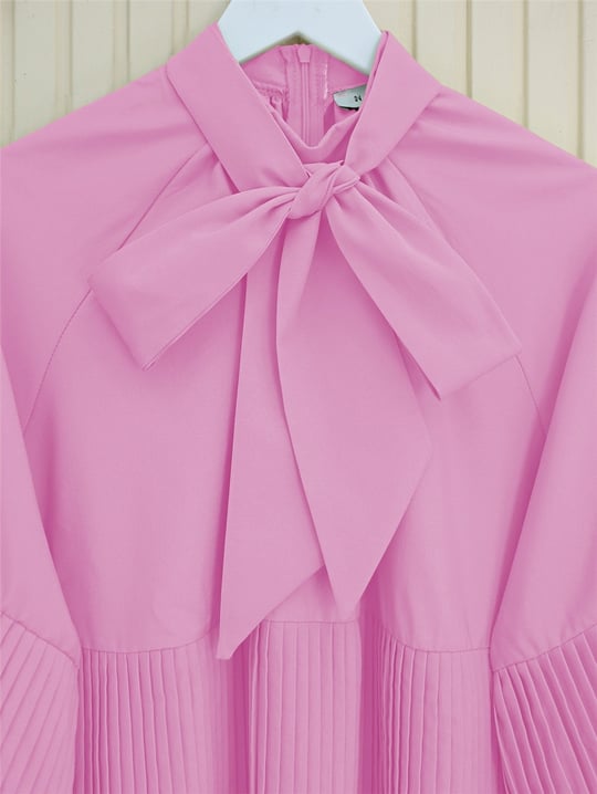 Yakası Bağcıklı Kolları ve Eteği Pliseli Tunik -Pembe
