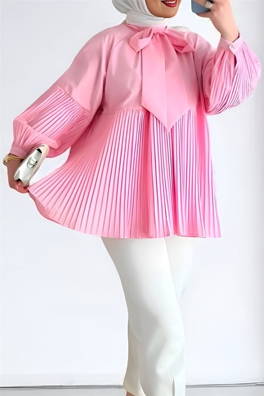 Yakası Bağcıklı Kolları ve Eteği Pliseli Tunik -Pembe