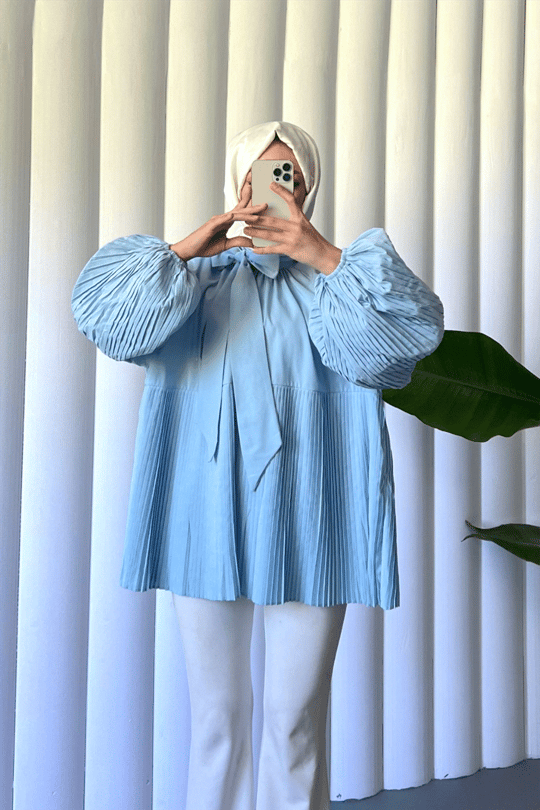 Yakası Bağcıklı Kolları ve Eteği Pliseli Tunik -Bebe Mavi