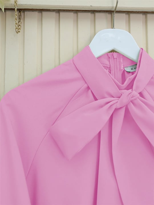 Yakası Bağcıklı Kolları ve Eteği Pliseli Tunik -Pembe