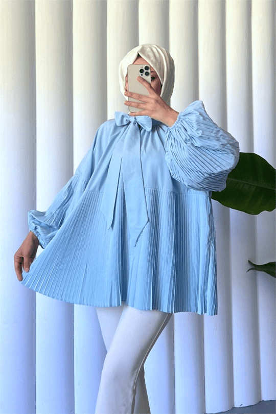 Yakası Bağcıklı Kolları ve Eteği Pliseli Tunik -Bebe Mavi