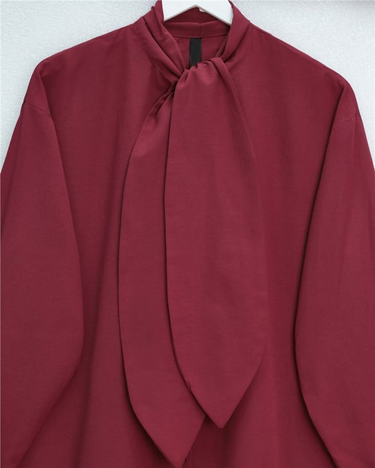 Yakası Bağlamalı Düğmeli Oversize Gömlek -Bordo