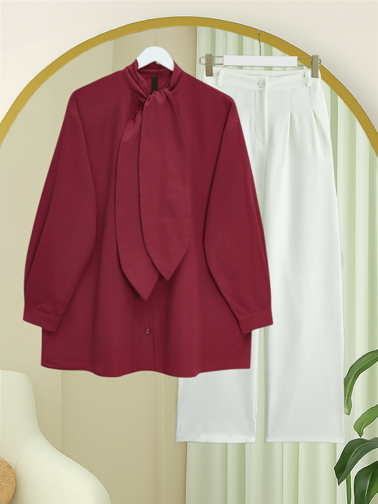 Yakası Bağlamalı Düğmeli Oversize Gömlek -Bordo