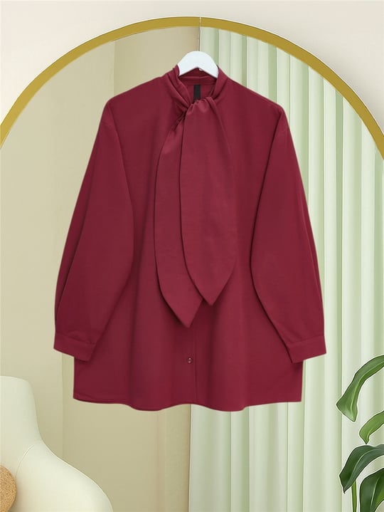 Yakası Bağlamalı Düğmeli Oversize Gömlek -Bordo