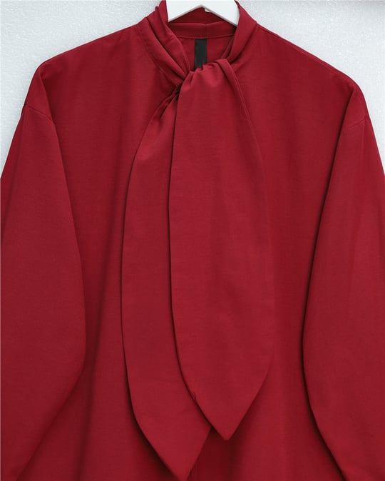 Yakası Bağlamalı Düğmeli Oversize Gömlek -Bordo