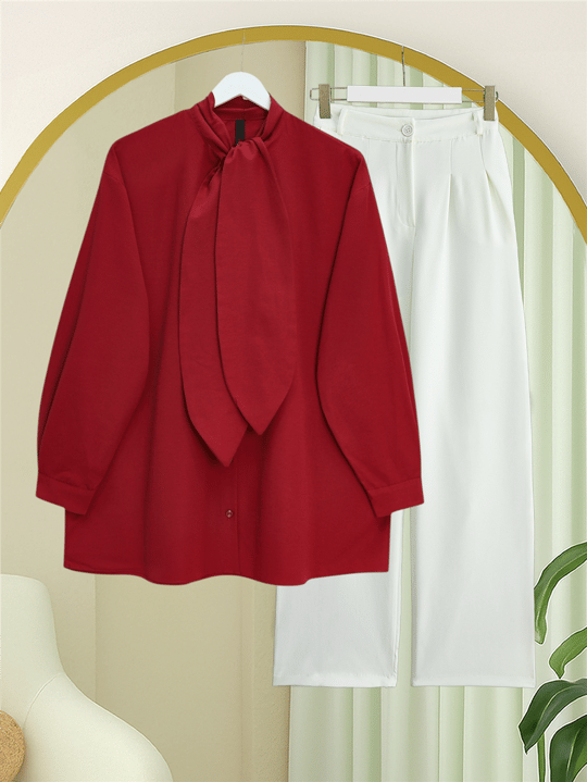 Yakası Bağlamalı Düğmeli Oversize Gömlek -Bordo