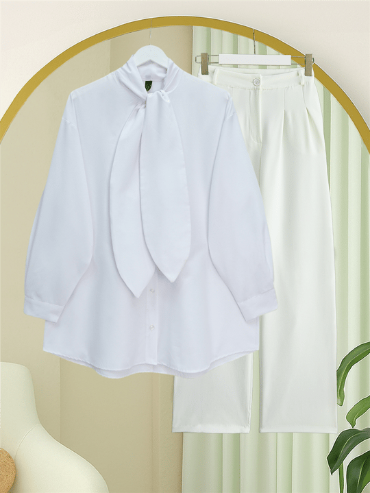 Yakası Bağlamalı Düğmeli Oversize Gömlek -Beyaz