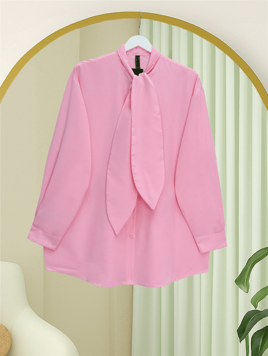 Yakası Bağlamalı Düğmeli Oversize Gömlek -Pembe
