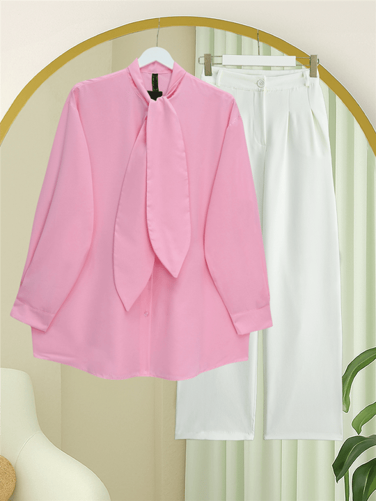Yakası Bağlamalı Düğmeli Oversize Gömlek -Pembe