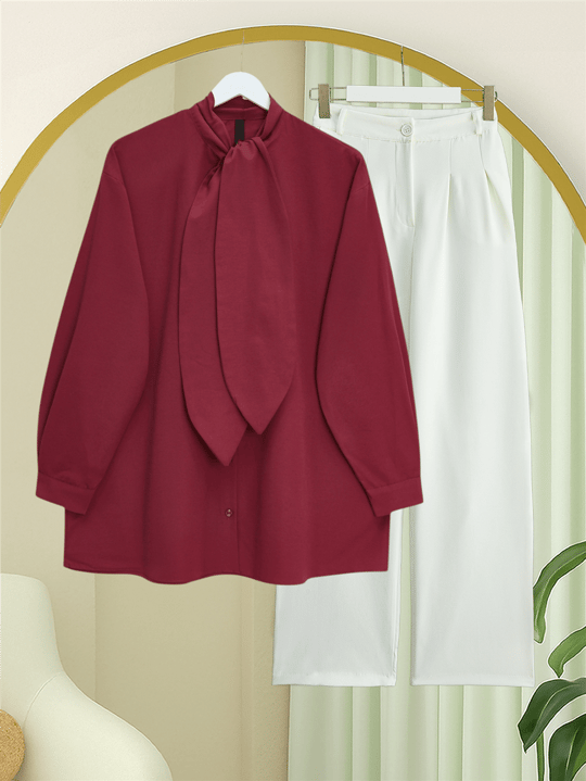 Yakası Bağlamalı Düğmeli Oversize Gömlek -Bordo