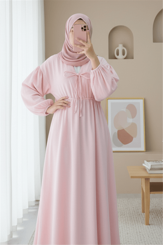 Yakası Bağlamalı Kolu Ve Beli Lastikli Müslin Elbise -Pudra