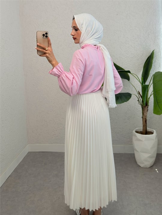 Yakası Büzgülü Bluz     -Pembe