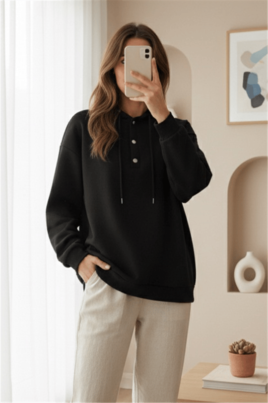 Yakası Çıtçıtlı Kapşonlu Şardonlu Üç İplik Sweat   -K. Kahve