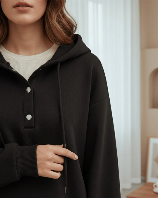 Yakası Çıtçıtlı Kapşonlu Şardonlu Üç İplik Sweat   -K. Kahve