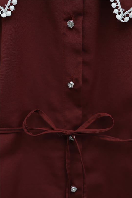 Yakası Dantelli Beli Ve Kolu Bağcıklı Poplin Tunik  -Bordo
