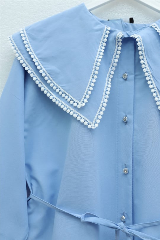 Yakası Dantelli Beli Ve Kolu Bağcıklı Poplin Tunik  -Açık Mavi