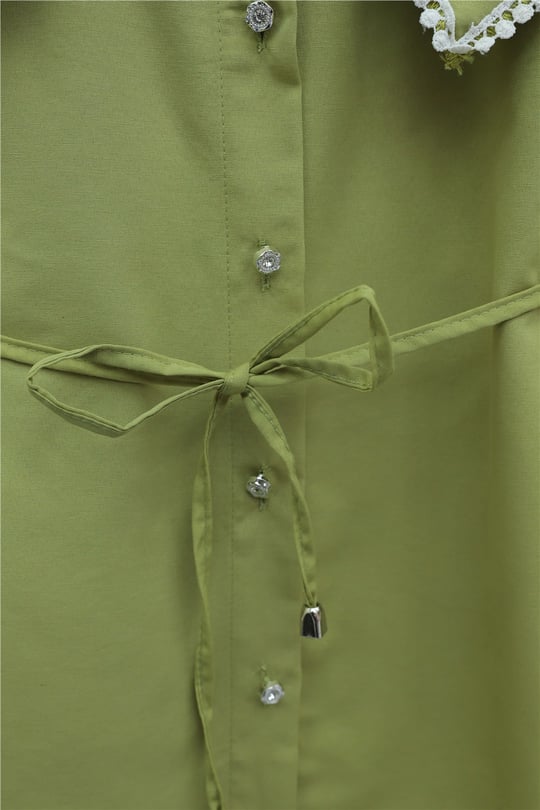 Yakası Dantelli Beli Ve Kolu Bağcıklı Poplin Tunik  -Yağ Yeşili