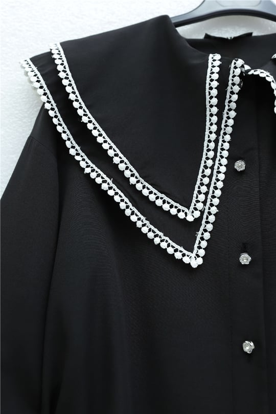 Yakası Dantelli Beli Ve Kolu Bağcıklı Poplin Tunik  -Siyah