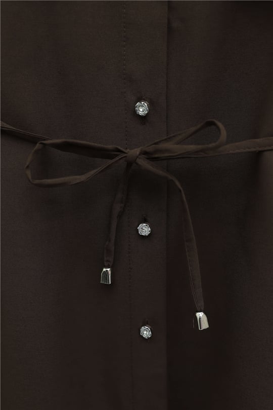 Yakası Dantelli Beli Ve Kolu Bağcıklı Poplin Tunik  -Kahverengi