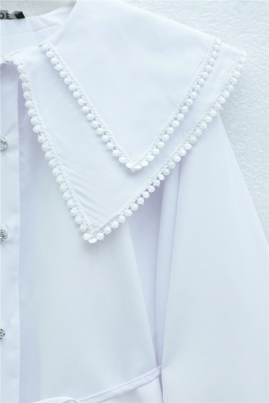 Yakası Dantelli Beli Ve Kolu Bağcıklı Poplin Tunik  -Beyaz