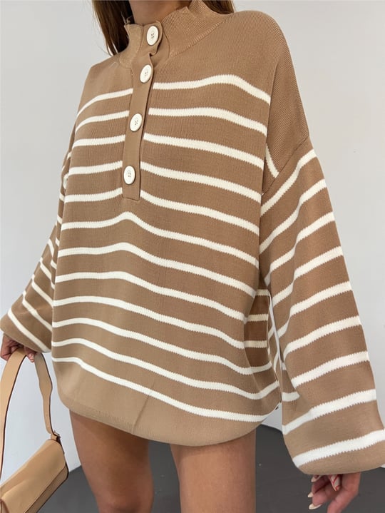 Yakası Düğmeli Yarım Boğazlı Triko Kazak -Vizon
