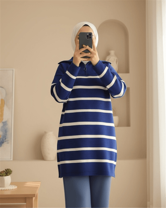 Yakası Fermuarlı Çizgili Triko Tunik -Saks