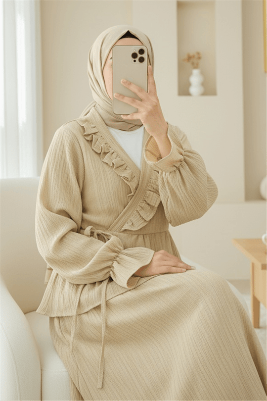 Yakası Fırfırlı Önü Bağlamalı Etekli Kimono Takım  -Açık Vizon