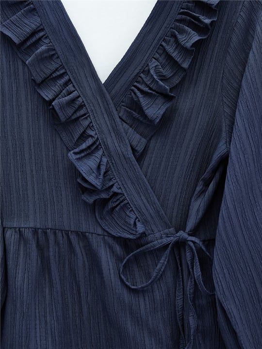 Yakası Fırfırlı Önü Bağlamalı Etekli Kimono Takım  -Laci