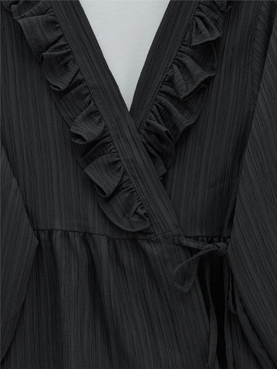 Yakası Fırfırlı Önü Bağlamalı Etekli Kimono Takım  -Siyah